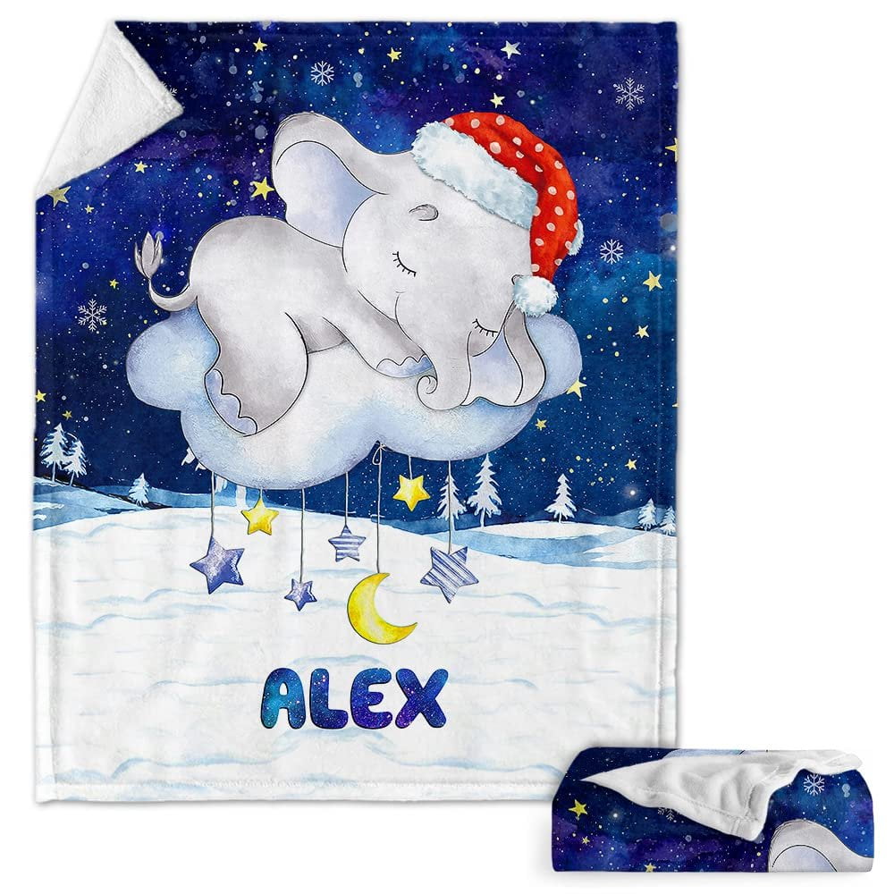 Personalized Baby Blanket Sleeping Elephant Xmas Theme for Baby Girl