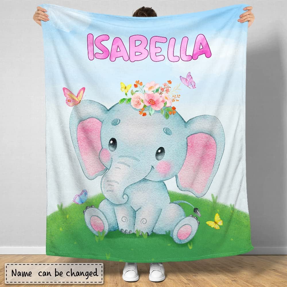 Personalized Lovely Baby Blanket Elephant Flowers