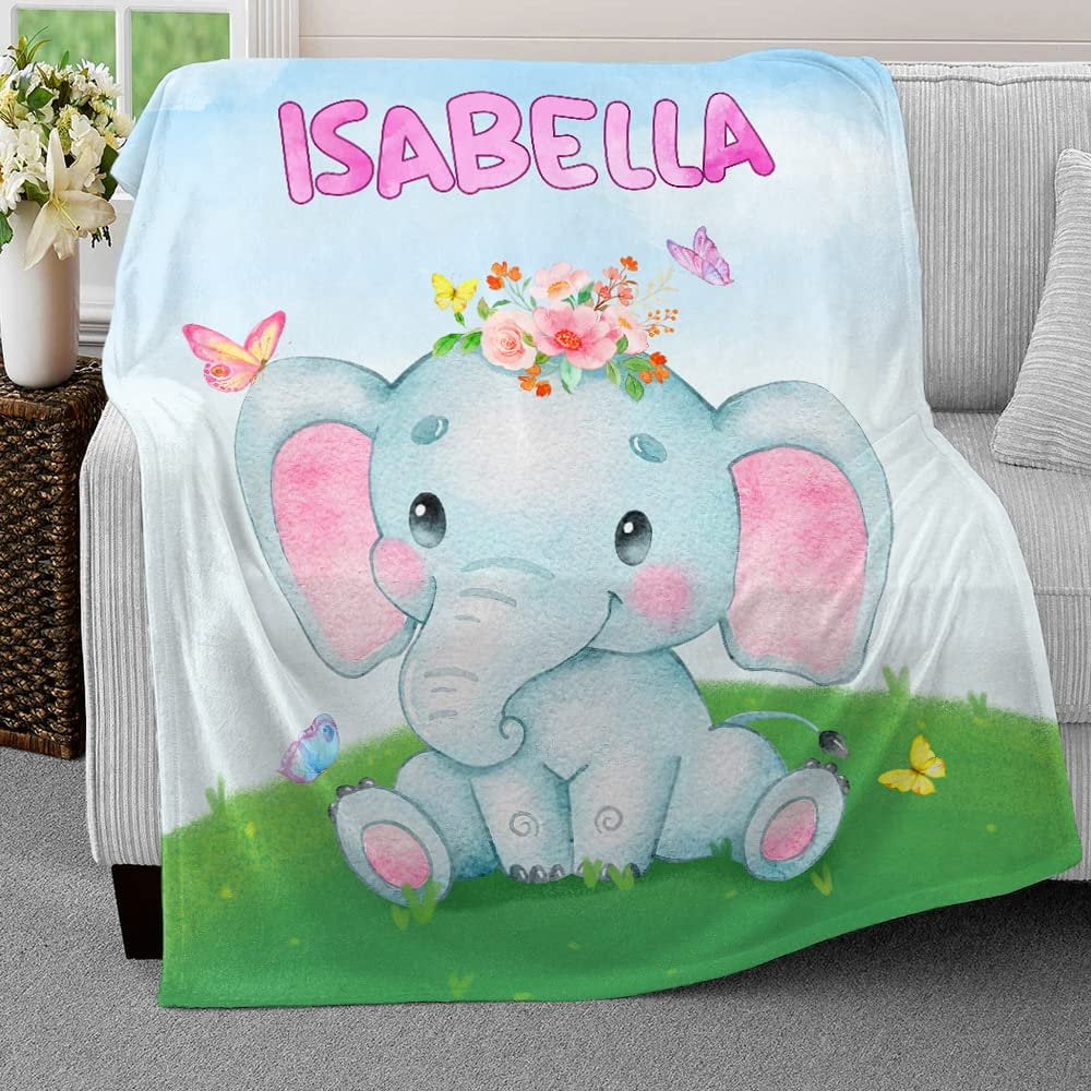 Personalized Lovely Baby Blanket Elephant Flowers