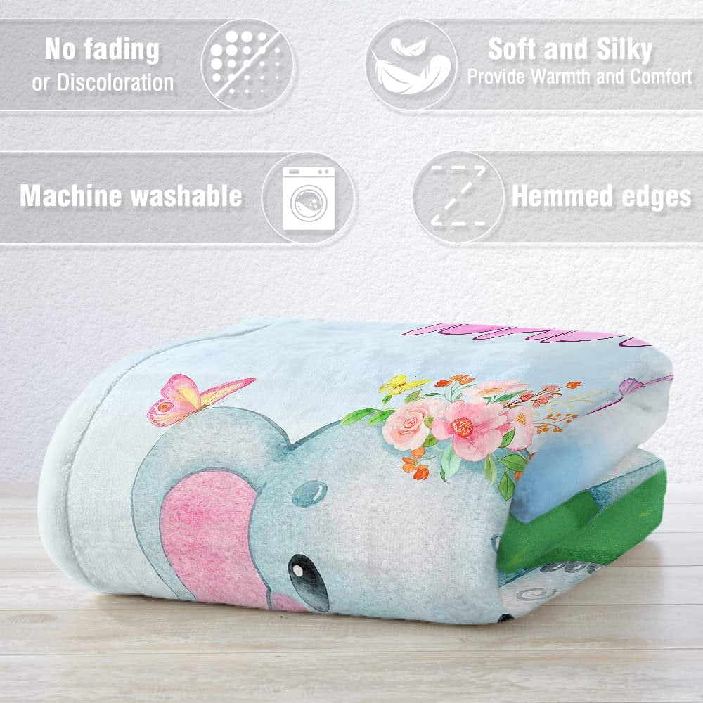 Personalized Lovely Baby Blanket Elephant Flowers
