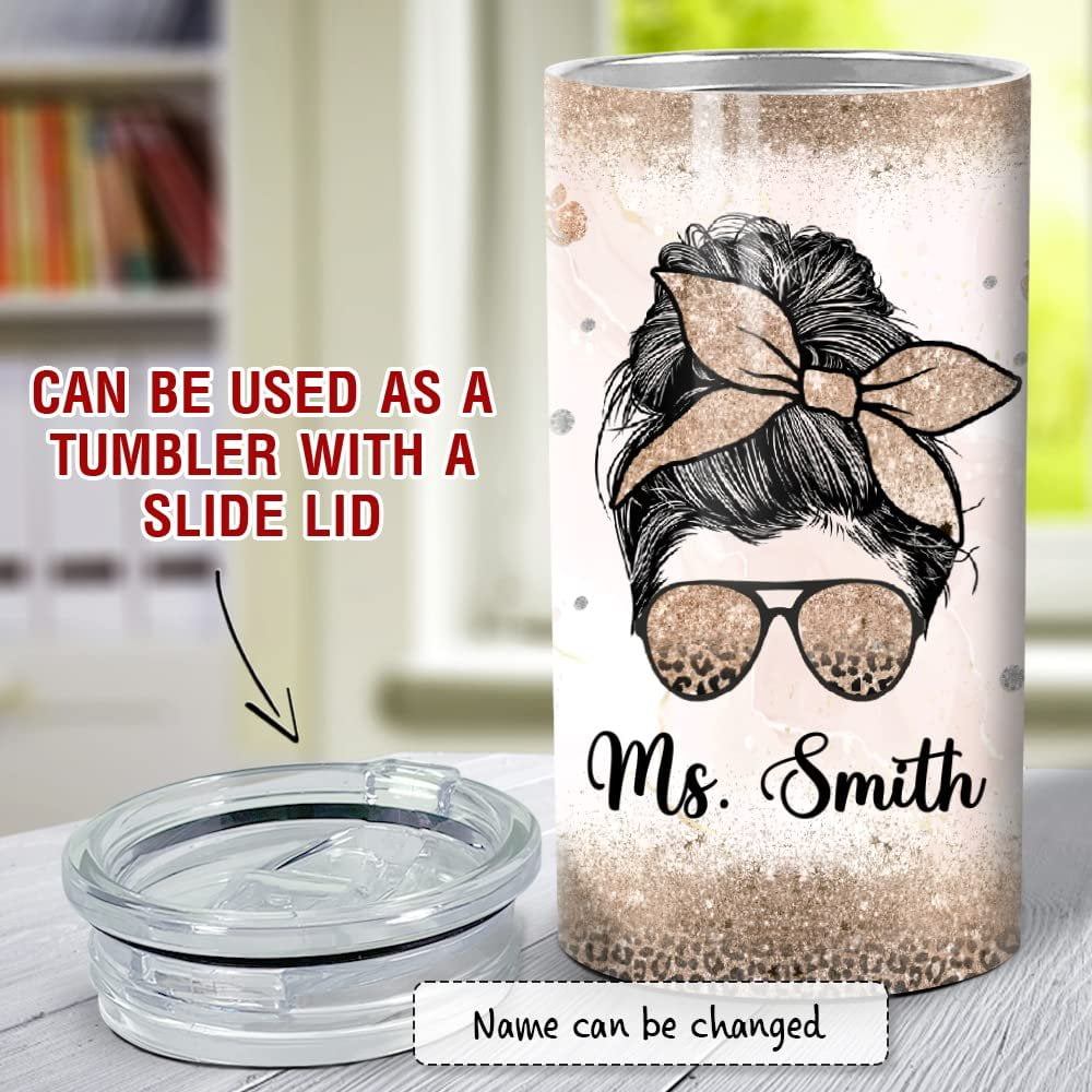 Personalized Teacher Can Cooler Sparkle Glitter Bun Hair