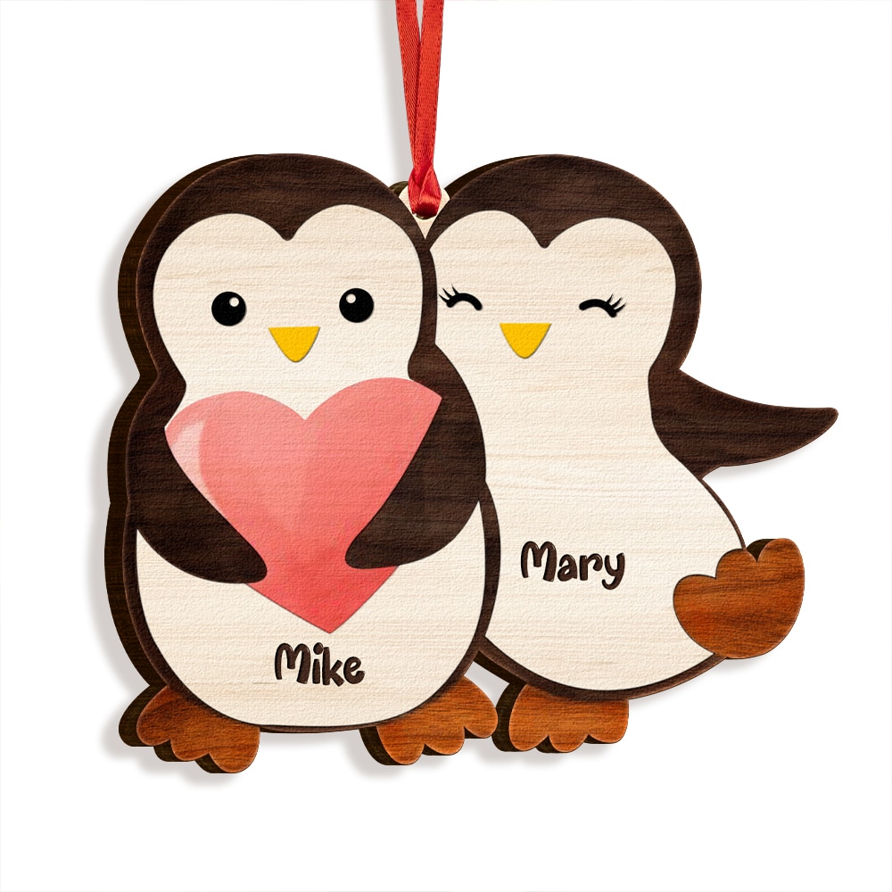 Couple Penguin Personalized Wood Ornament Sandjest